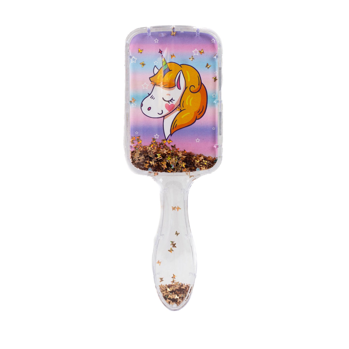 Perie păr copii pătrată, transparent cu confetti - Ginger Unicorn