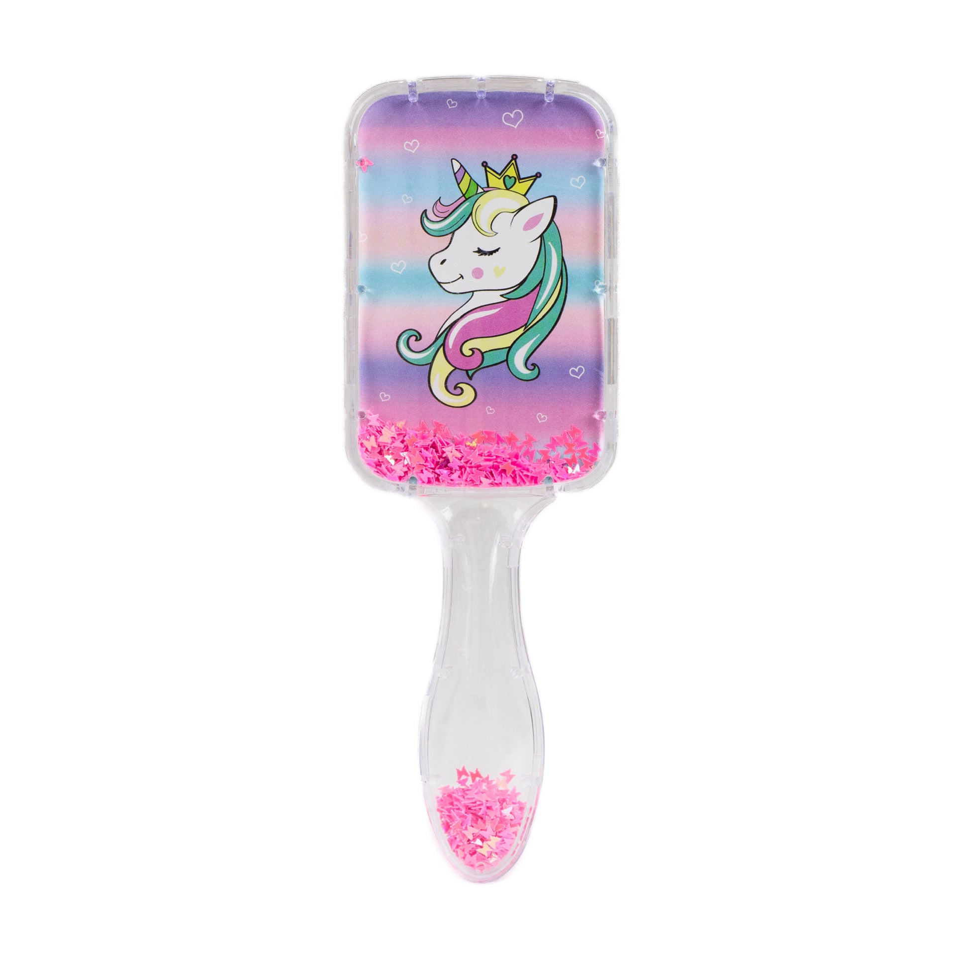 Perie păr copii pătrată, transparent cu confetti - Printesa Unicorn